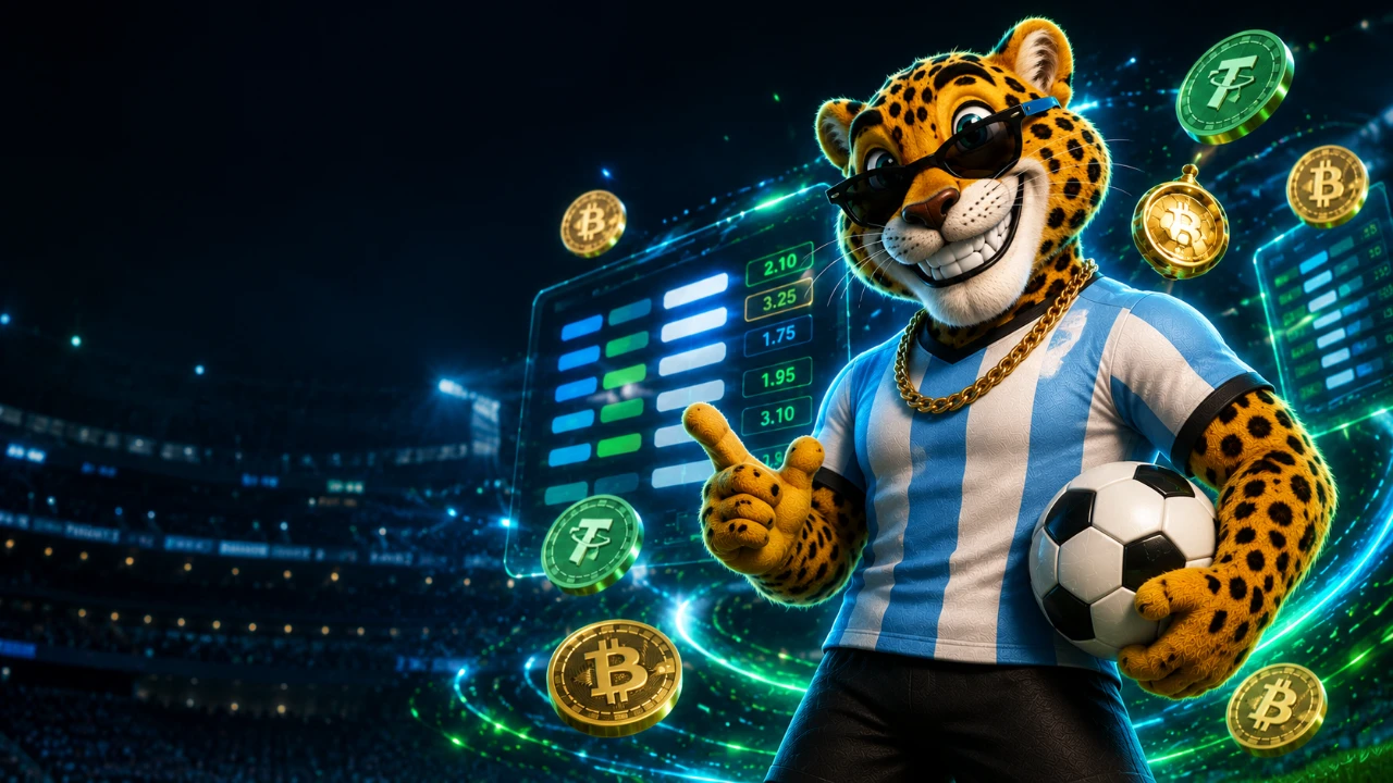 Mascota yaguareté con la camiseta albiceleste sosteniendo una pelota, apuestas del Mundial 2026 en Stake