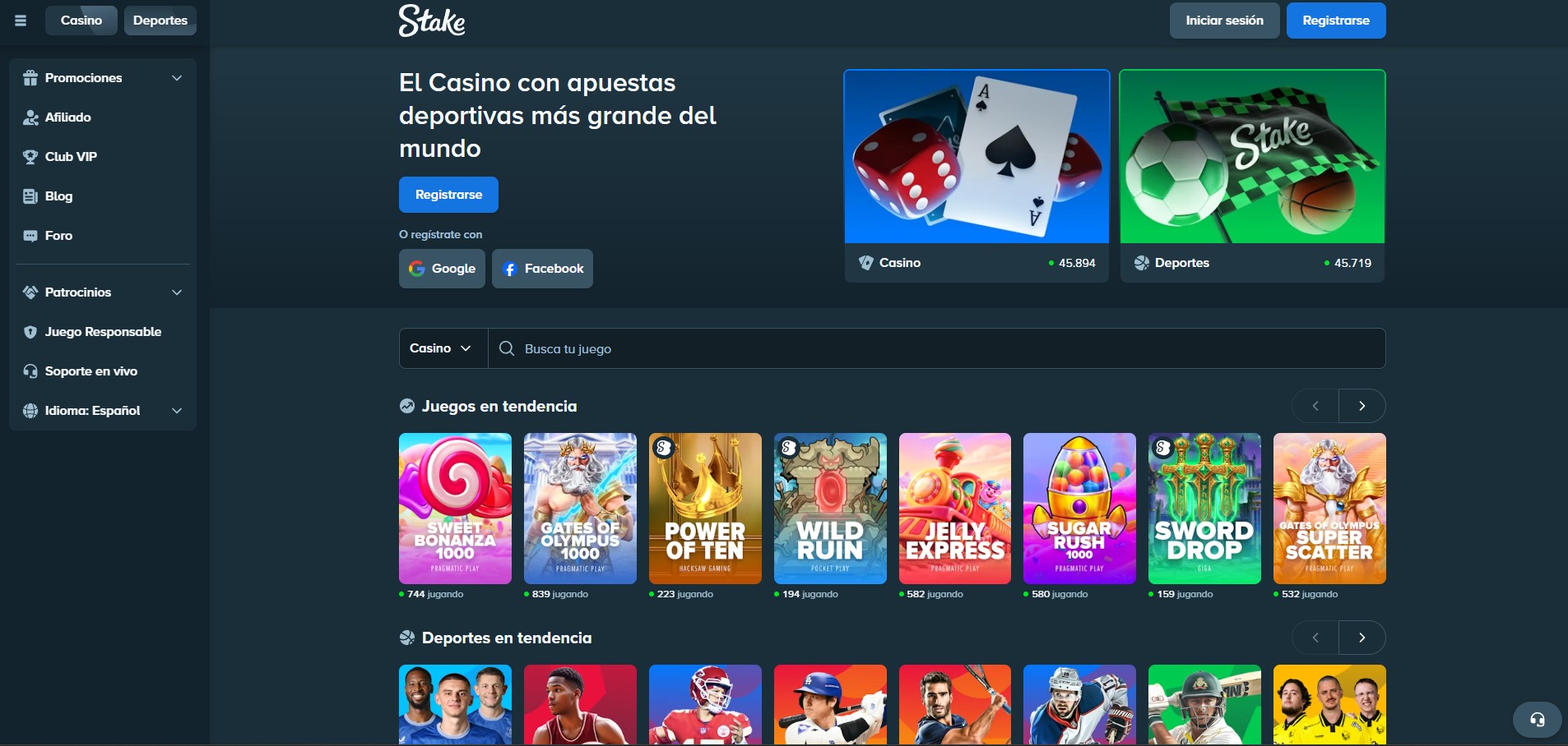 ¿Que es Stake? Captura de la pagina principal de Stake.com casino crypto