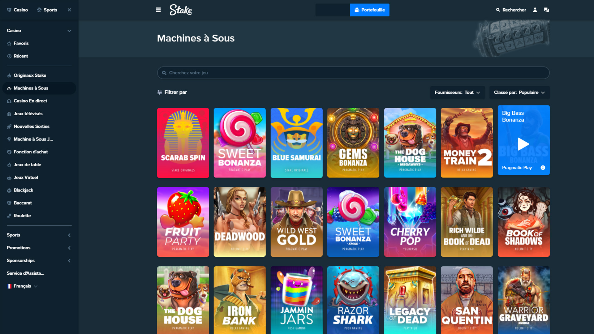 Lobby principal de Stake Casino con seccion de wallet y depositos